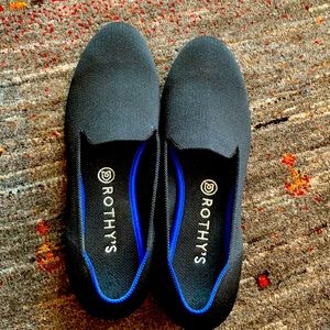 Rothy’s black flats. “Loafer” style.   Worn twice.  Size 10.  Not for wide foot.